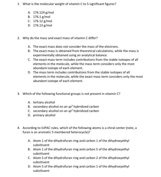 Chapter 1 Bioinformatics Exercise 1 2 Assessment Questions 1 What Is The Molecular Weight Of Vitamin C To 5 Significan 3
