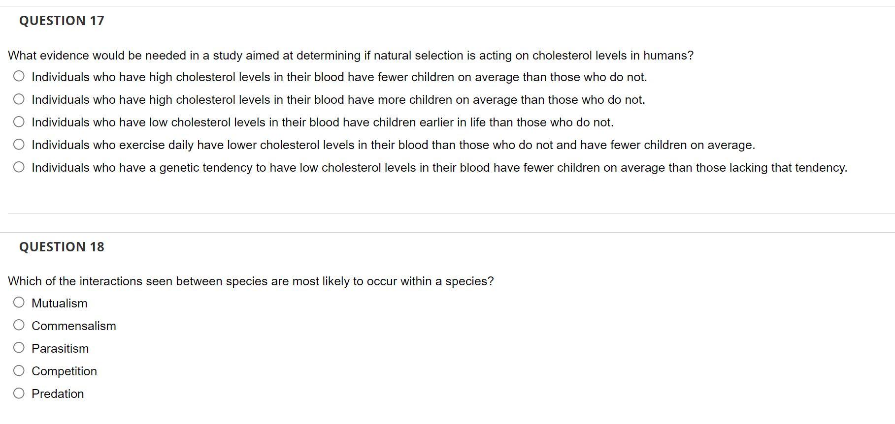Question 17 What Evidence Would Be Needed In A Study Aimed At Determining If Natural Selection Is Acting On Cholesterol 1