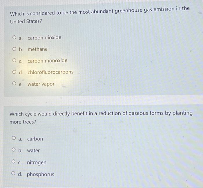 Which Is Considered To Be The Most Abundant Greenhouse Gas Emission In The United States O A Carbon Dioxide O B Metha 1