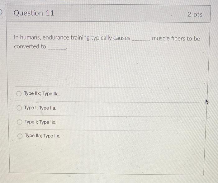 Question 11 In Humans Endurance Training Typically Causes Converted To Type Iix Type Lla Type I Type Lla Type I Ty 1