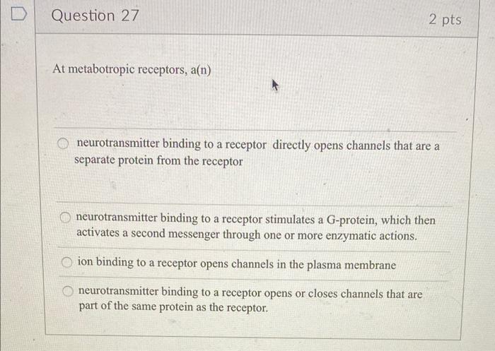 Question 27 2 Pts At Metabotropic Receptors A N Neurotransmitter Binding To A Receptor Directly Opens Channels That Ar 1