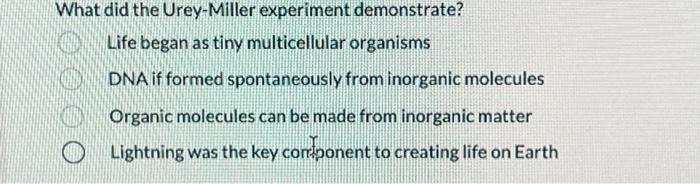 What Did The Urey Miller Experiment Demonstrate Life Began As Tiny Multicellular Organisms O Dna If Formed Spontaneousl 1