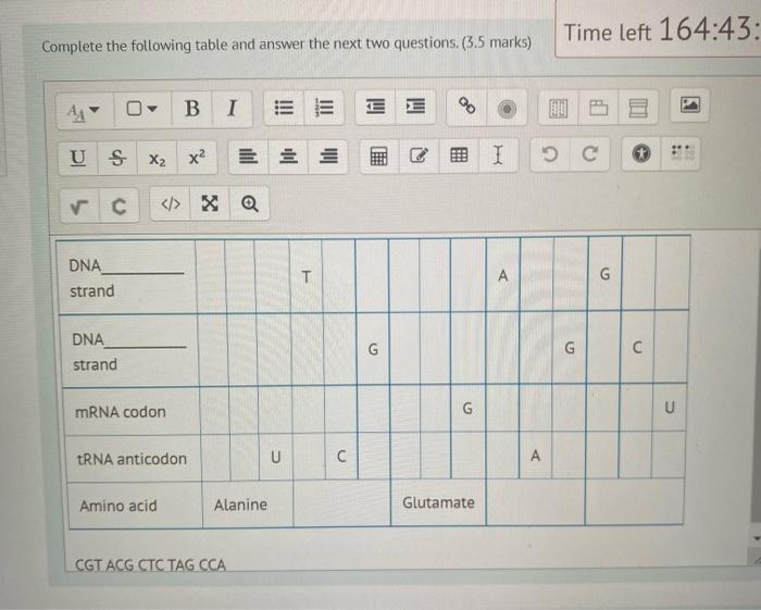 Complete The Following Table And Answer The Next Two Questions 3 5 Marks B I 8 Us X X Ei C X Q Dna Strand Dna S 1