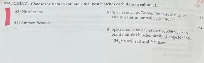 Matching Choose The Item In Column 2 That Best Matches Each Item In Column 1 83 Nitrification 84 Ammonification A S 1