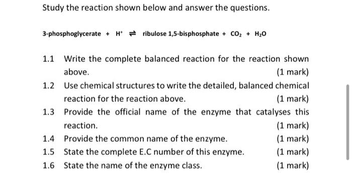 Study The Reaction Shown Below And Answer The Questions 3 Phosphoglycerate Hribulose 1 5 Bisphosphate Co H O 1 1 1