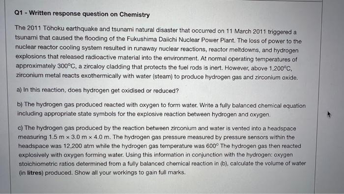 Q1 Written Response Question On Chemistry The 2011 Tohoku Earthquake And Tsunami Natural Disaster That Occurred On 11 1