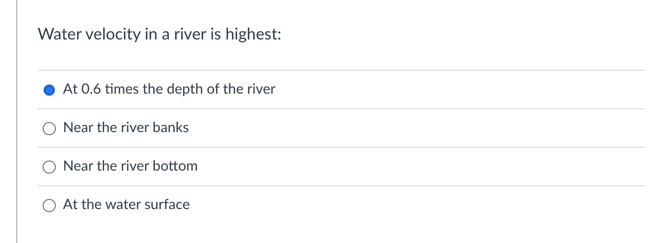 Water Velocity In A River Is Highest At 0 6 Times The Depth Of The River Near The River Banks Near The River Bottom At 1