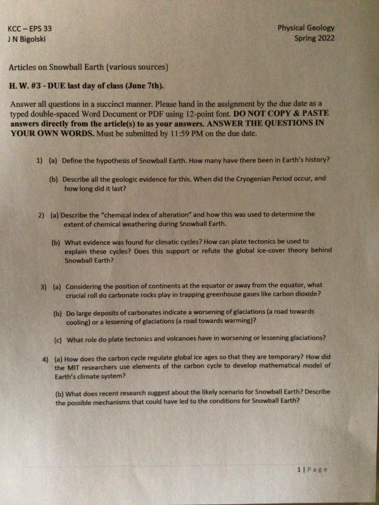 Kcc Eps 33 Jn Bigolski Physical Geology Spring 2022 Articles On Snowball Earth Various Sources H W 3 Due Last Day 1