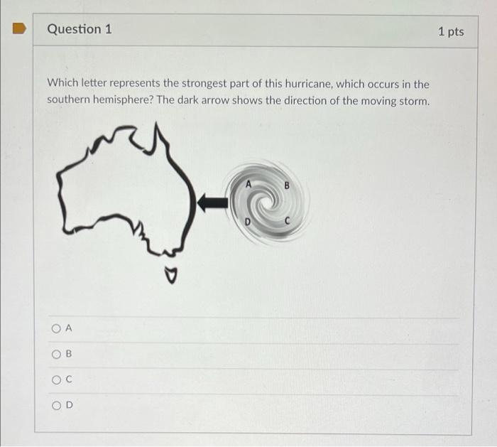 Question 1 1 Pts Which Letter Represents The Strongest Part Of This Hurricane Which Occurs In The Southern Hemisphere 1