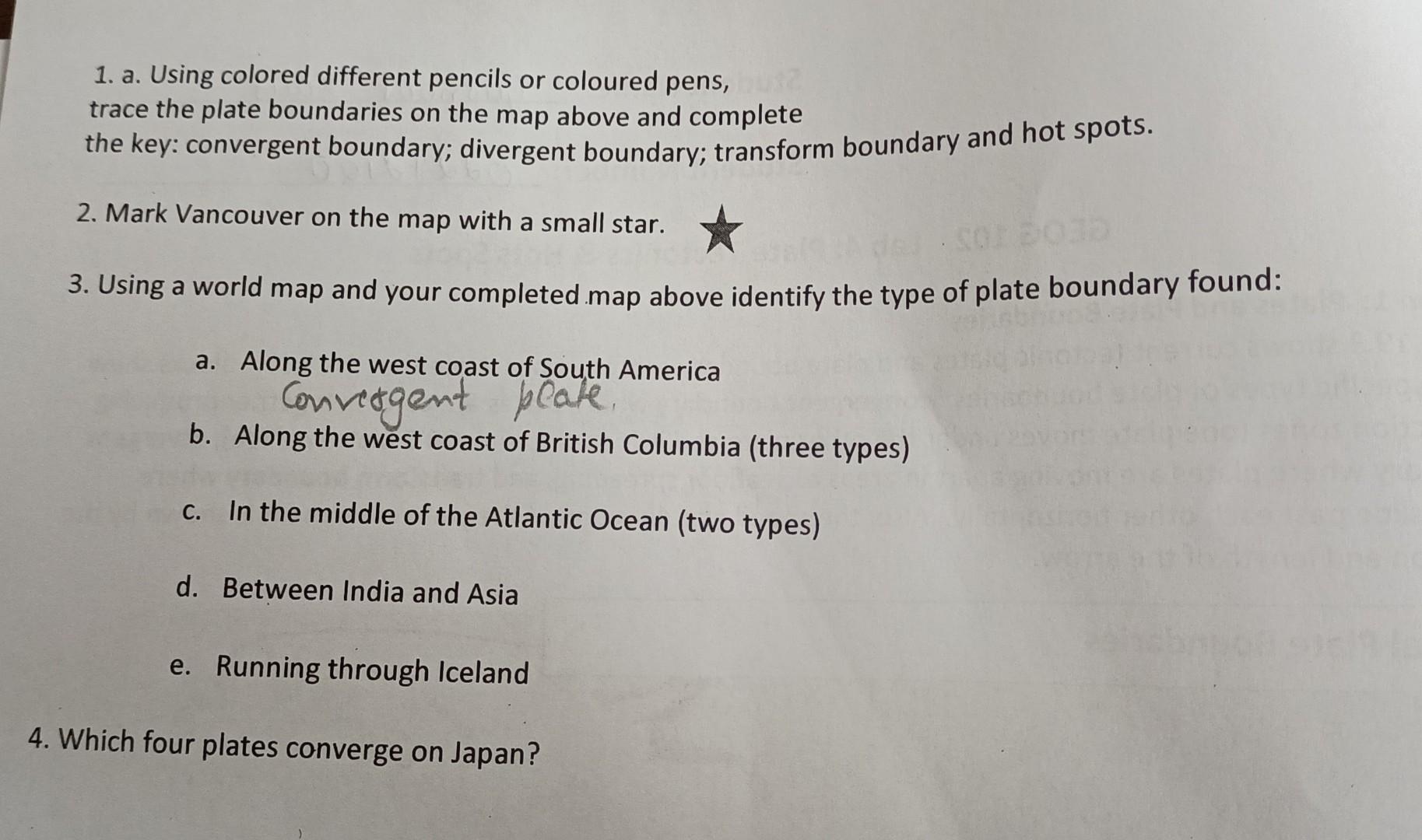 1 A Using Colored Different Pencils Or Coloured Pens Trace The Plate Boundaries On The Map Above And Complete The Key 1