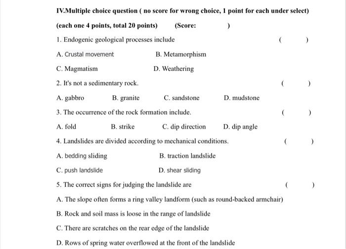 Iv Multiple Choice Question No Score For Wrong Choice 1 Point For Each Under Select Each One 4 Points Total 20 Poin 1