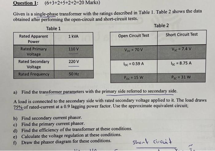 Question 1 6 3 2 5 2 2 20 Marks Given Is A Single Phase Transformer With The Ratings Described In Table 1 Table 2 Sh 1