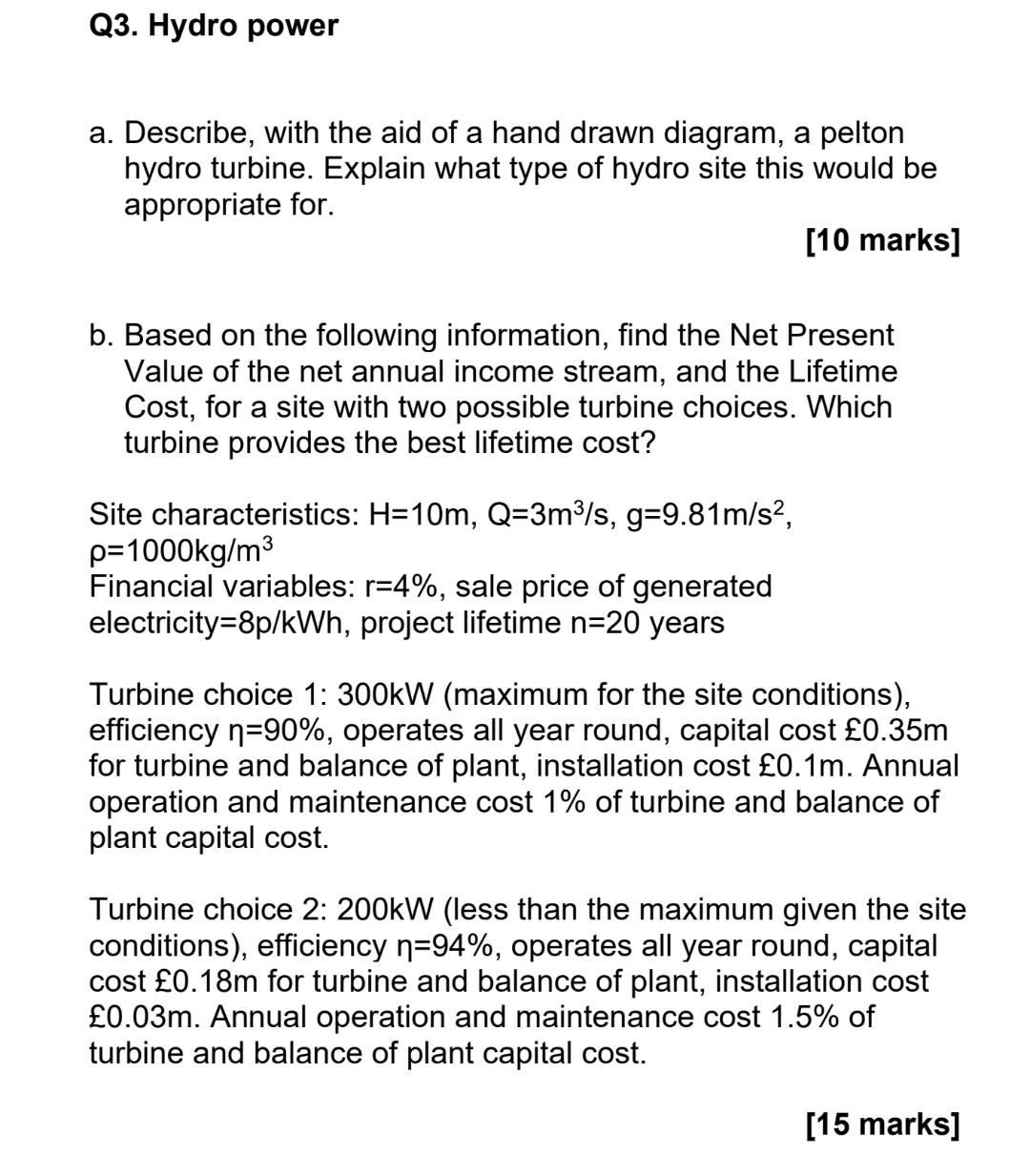 Q3 Hydro Power A Describe With The Aid Of A Hand Drawn Diagram A Pelton Hydro Turbine Explain What Type Of Hydro Si 1
