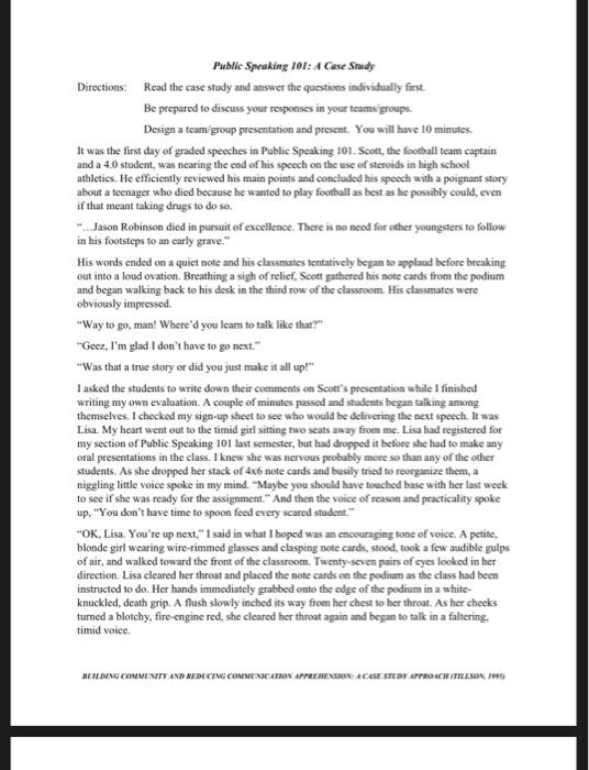 Public Speaking 101 A Case Study Directions Read The Case Study And Answer The Questions Individually First Be Prepare 1