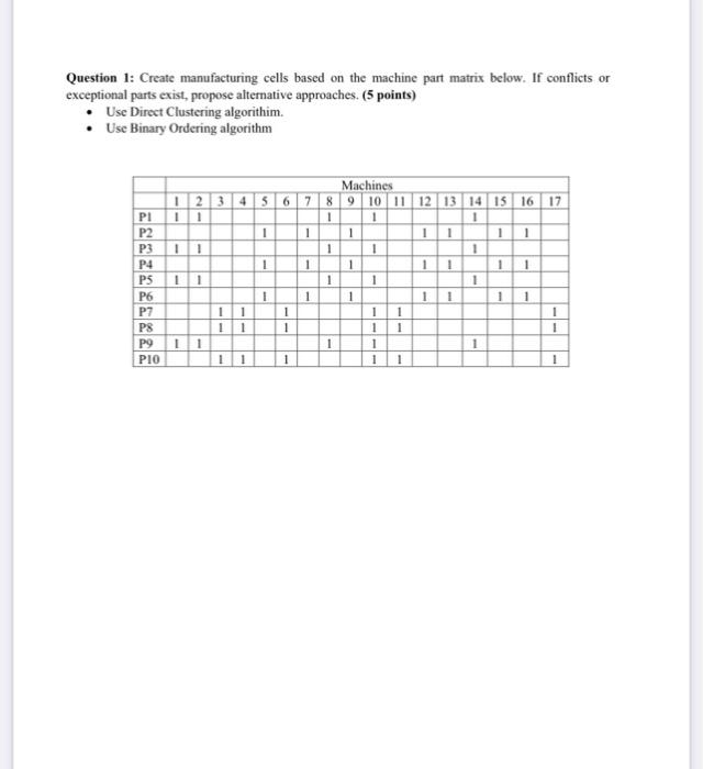 Question 1 Create Manufacturing Cells Based On The Machine Part Matrix Below If Conflicts Or Exceptional Parts Exist 1