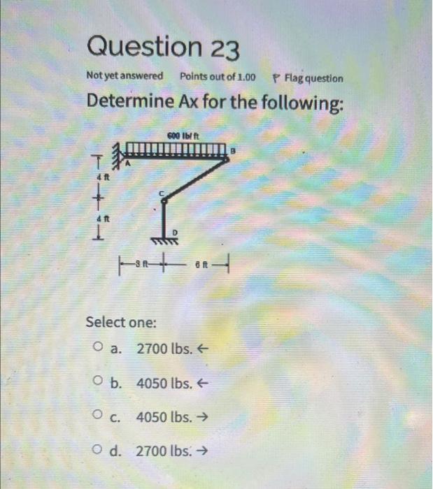 Question 23 Not Yet Answered Points Out Of 1 00 P Flag Question Determine Ax For The Following 600 Lbf Ft T Thort Ord Se 1