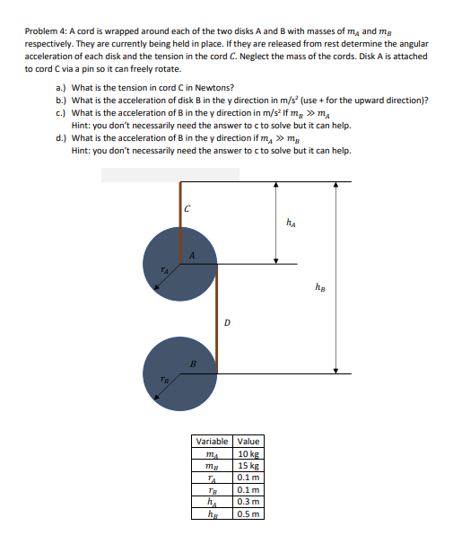 Problem 4 A Cord Is Wrapped Around Each Of The Two Disks A And B With Masses Of Me And Mg Respectively They Are Curren 1