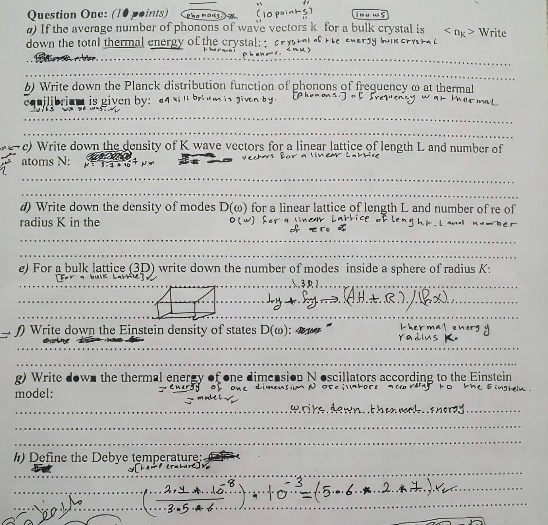 Question One 10 Points Cho Nous 10 Points Touws A If The Average Number Of Phonons Of Wave Vectors K For A Bulk 1