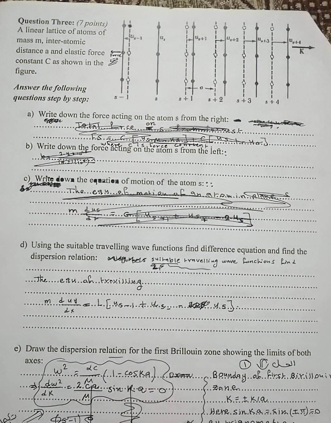 Question Throo 7 Points A Linear Lattice Of Atoms Of Mass M Inter Atomic Distance A And Elastic Force Constant C As 1