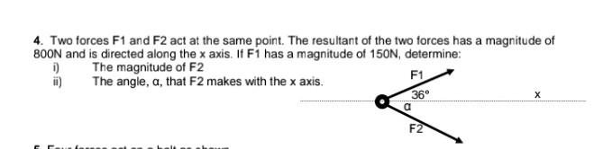 4 Two Forces F1 And F2 Act At The Same Point The Resultant Of The Two Forces Has A Magnitude Of 800n And Is Directed A 1
