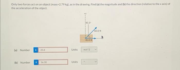 Only Two Forces Act On An Object Mass 2 79 Kg As In The Drawing Find A The Magnitude And B The Direction Relati 1