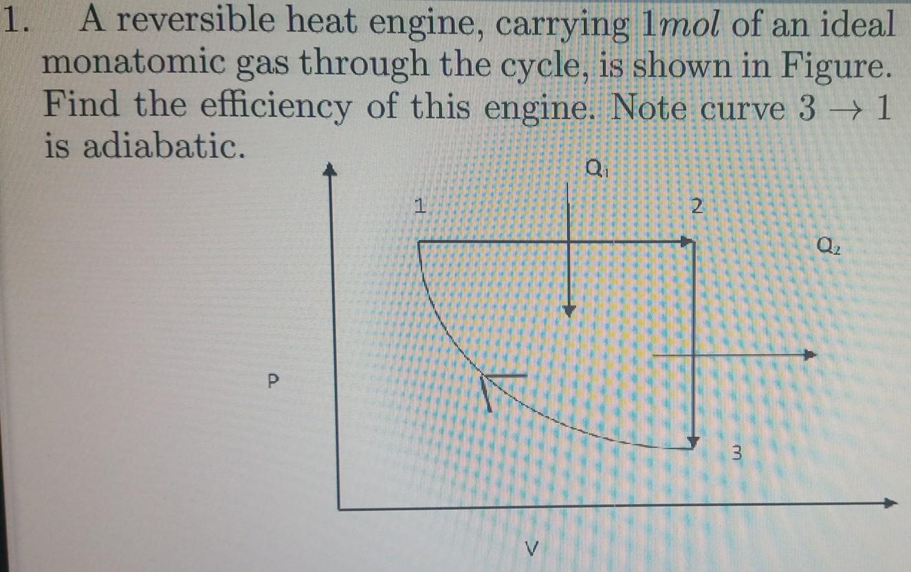 1 A Reversible Heat Engine Carrying 1mol Of An Ideal Monatomic Gas Through The Cycle Is Shown In Figure Find The Eff 1