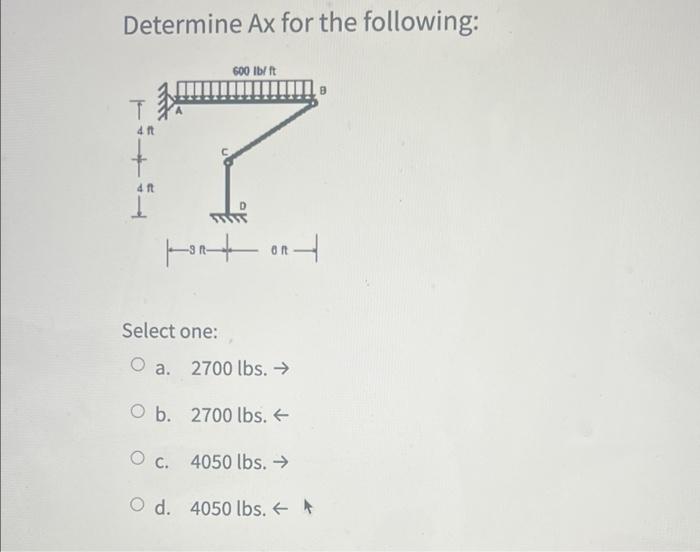 Determine Ax For The Following 600 Lb Ft T Tot Ond 4 Ft 4 Ft Select One O A 2700 Lbs O B 2700 Lbs O C 4050 L 1