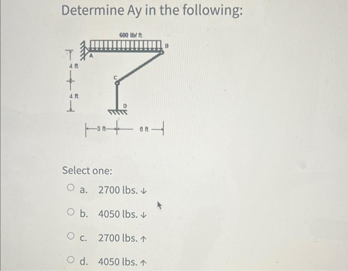 Determine Ax For The Following 600 Lb Ft T Tot Ond 4 Ft 4 Ft Select One O A 2700 Lbs O B 2700 Lbs O C 4050 L 2