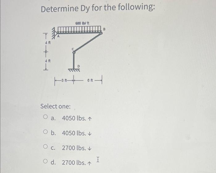 Determine Ax For The Following 600 Lb Ft T Tot Ond 4 Ft 4 Ft Select One O A 2700 Lbs O B 2700 Lbs O C 4050 L 3