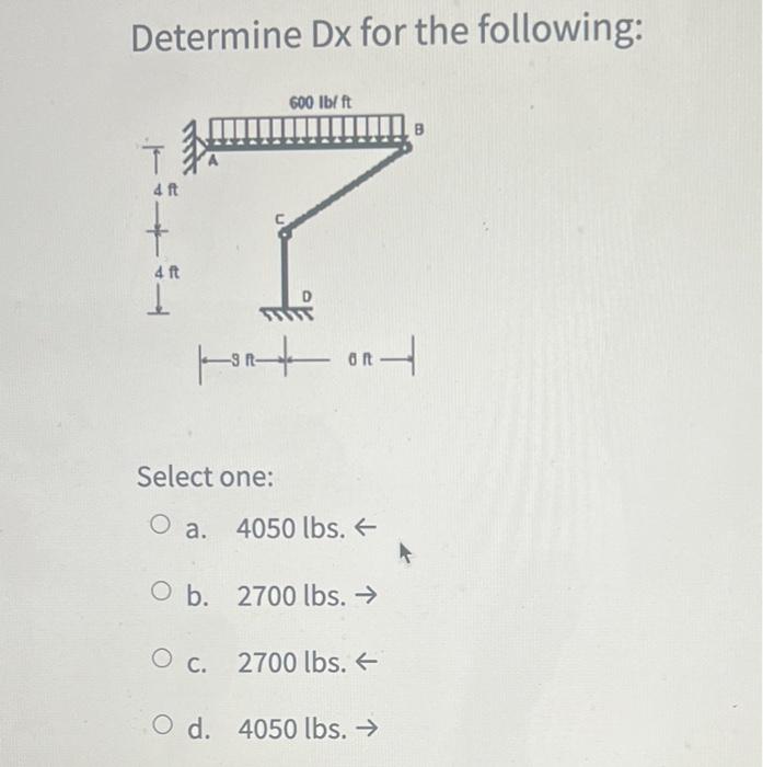 Determine Ax For The Following 600 Lb Ft T Tot Ond 4 Ft 4 Ft Select One O A 2700 Lbs O B 2700 Lbs O C 4050 L 4