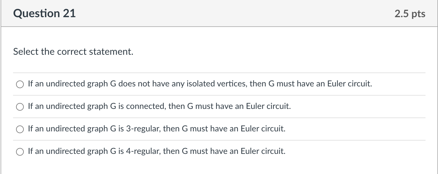 Question 21 Select The Correct Statement If An Undirected Graph G Does Not Have Any Isolated Vertices Then G Must Have 1