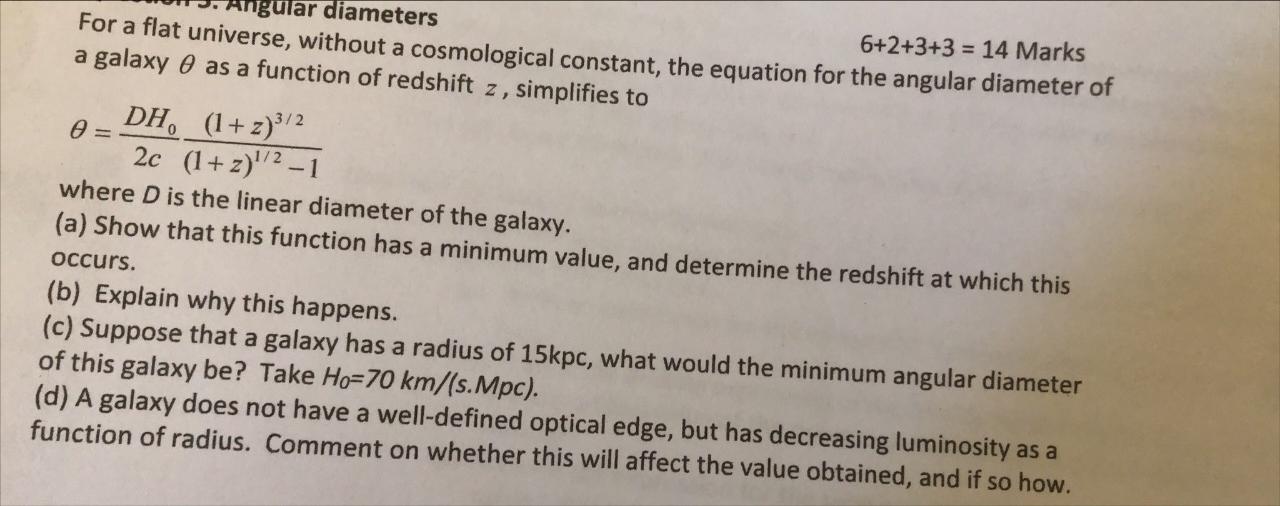 Ingular Diameters 6 2 3 3 14 Marks For A Flat Universe Without A Cosmological Constant The Equation For The Angular D 1