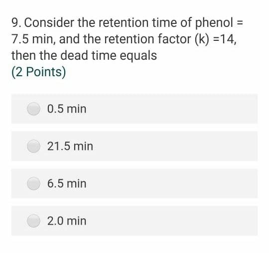 9 Consider The Retention Time Of Phenol 7 5 Min And The Retention Factor K 14 Then The Dead Time Equals 2 Poin 1