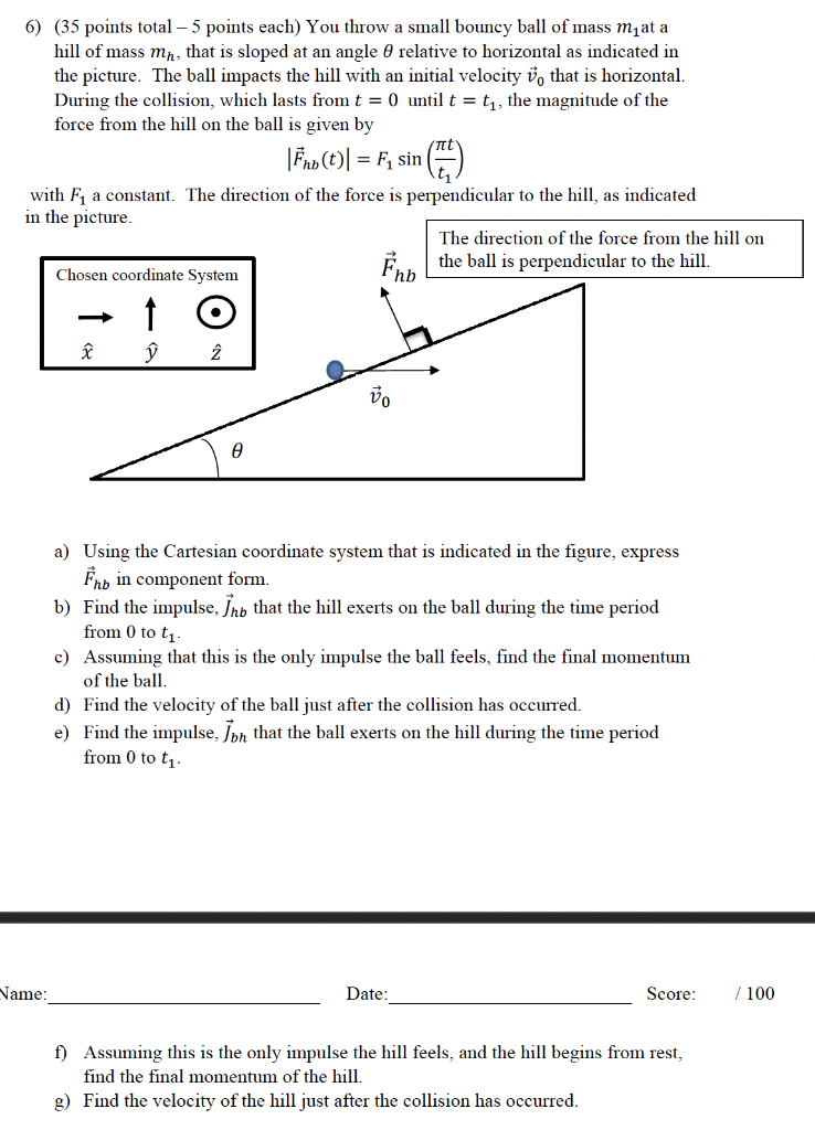 6 35 Points Total 5 Points Each You Throw A Small Bouncy Ball Of Mass M At A Hill Of Mass Mn That Is Sloped At An 1