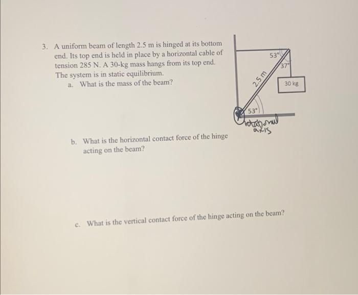 3 A Uniform Beam Of Length 2 5 M Is Hinged At Its Bottom End Its Top End Is Held In Place By A Horizontal Cable Of Ten 1