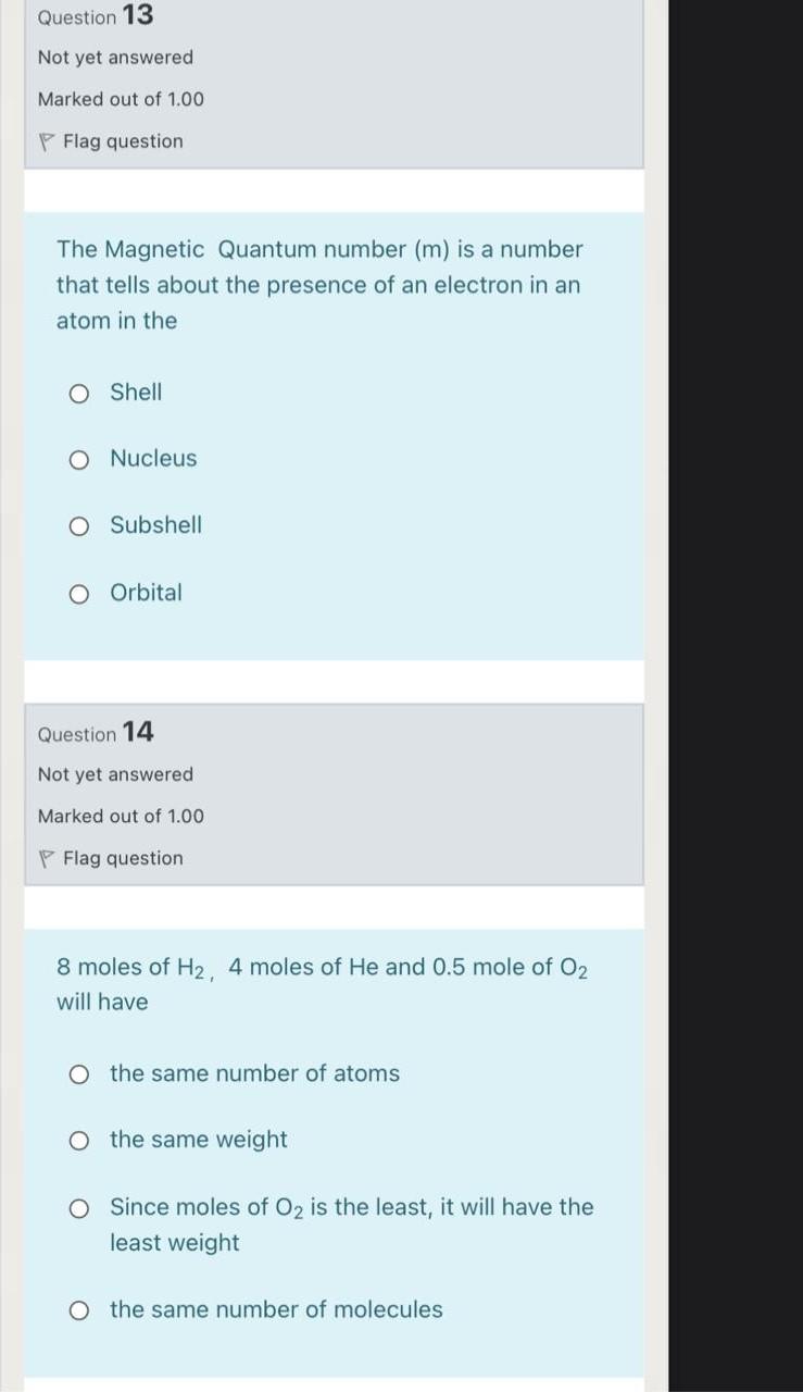 Question 13 Not Yet Answered Marked Out Of 1 00 Flag Question The Magnetic Quantum Number M Is A Number That Tells Abo 1