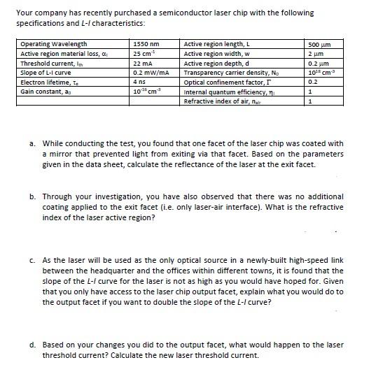 Your Company Has Recently Purchased A Semiconductor Laser Chip With The Following Specifications And L Characteristics 1