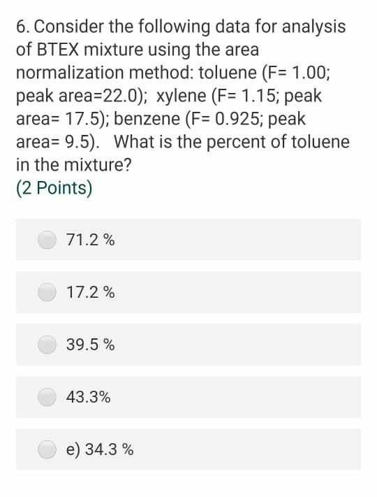 6 Consider The Following Data For Analysis Of Btex Mixture Using The Area Normalization Method Toluene F 1 00 Peak 1