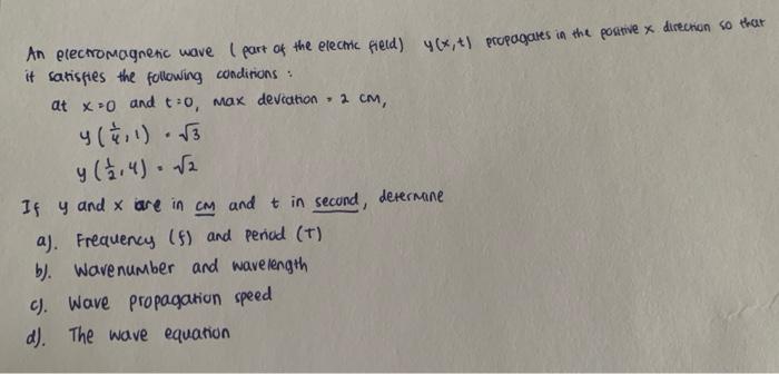 An Electromagnetic Wave Part Of The Electric Field Y X T Propagates In The Positive X Direction So That It Satisfi 1