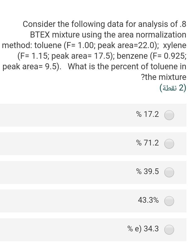 Consider The Following Data For Analysis Of 8 Btex Mixture Using The Area Normalization Method Toluene F 1 00 Peak 1