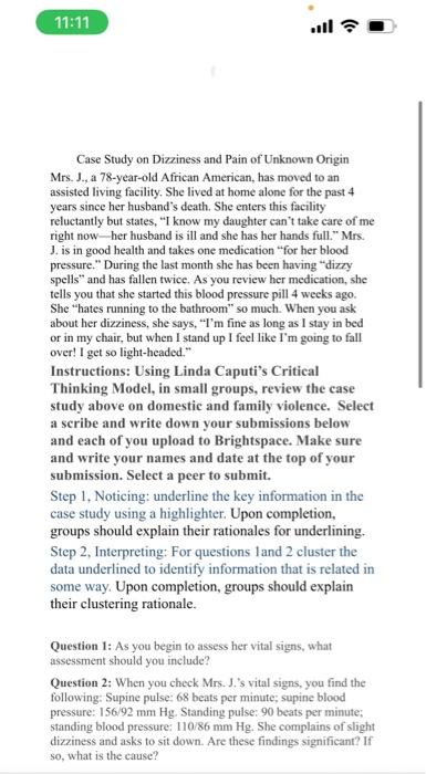 11 11 Case Study On Dizziness And Pain Of Unknown Origin Mrs J A 78 Year Old African American Has Moved To An Assist 1