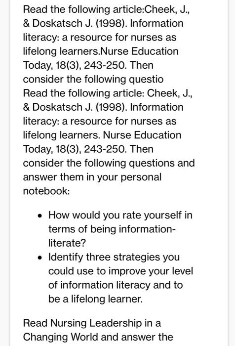 Read The Following Article Cheek J Doskatsch J 1998 Information Literacy A Resource For Nurses As Lifelong Lea 1