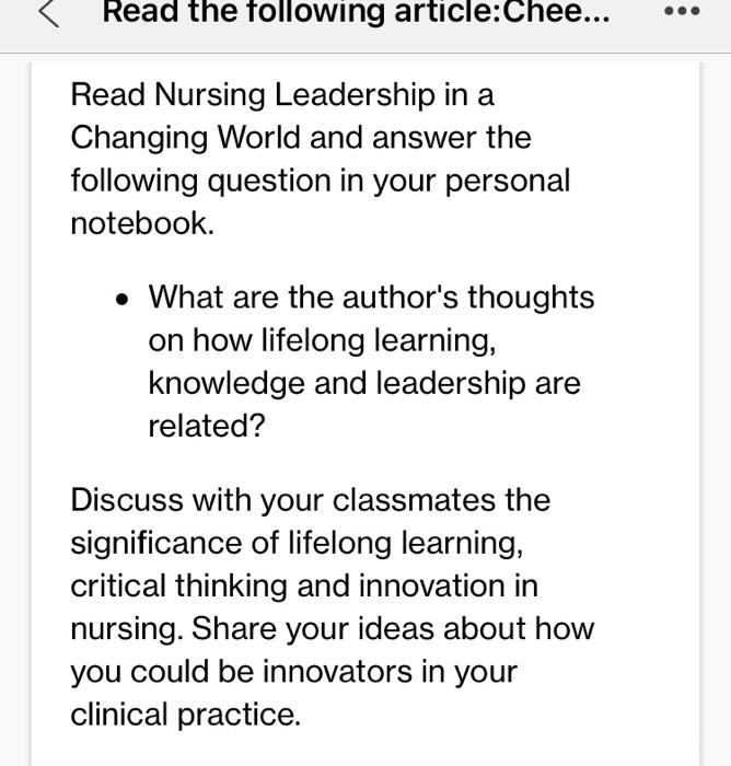 Read The Following Article Cheek J Doskatsch J 1998 Information Literacy A Resource For Nurses As Lifelong Lea 2