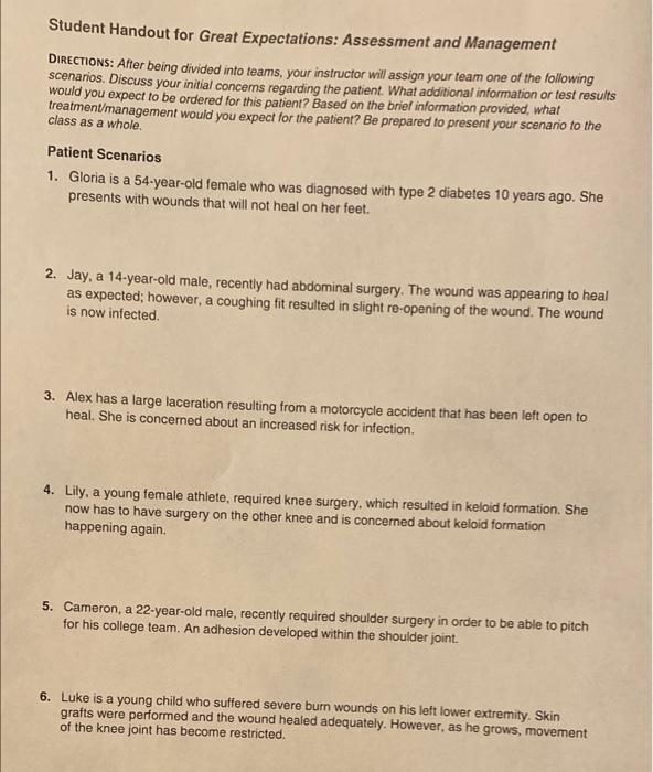 Student Handout For Great Expectations Assessment And Management Directions After Being Divided Into Teams Your Instr 1
