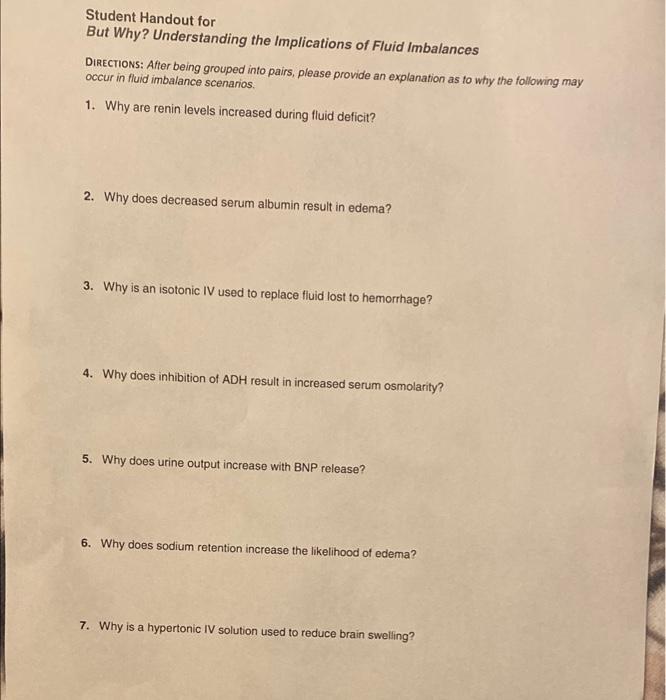 Student Handout For But Why Understanding The Implications Of Fluid Imbalances Directions After Being Grouped Into Pai 1