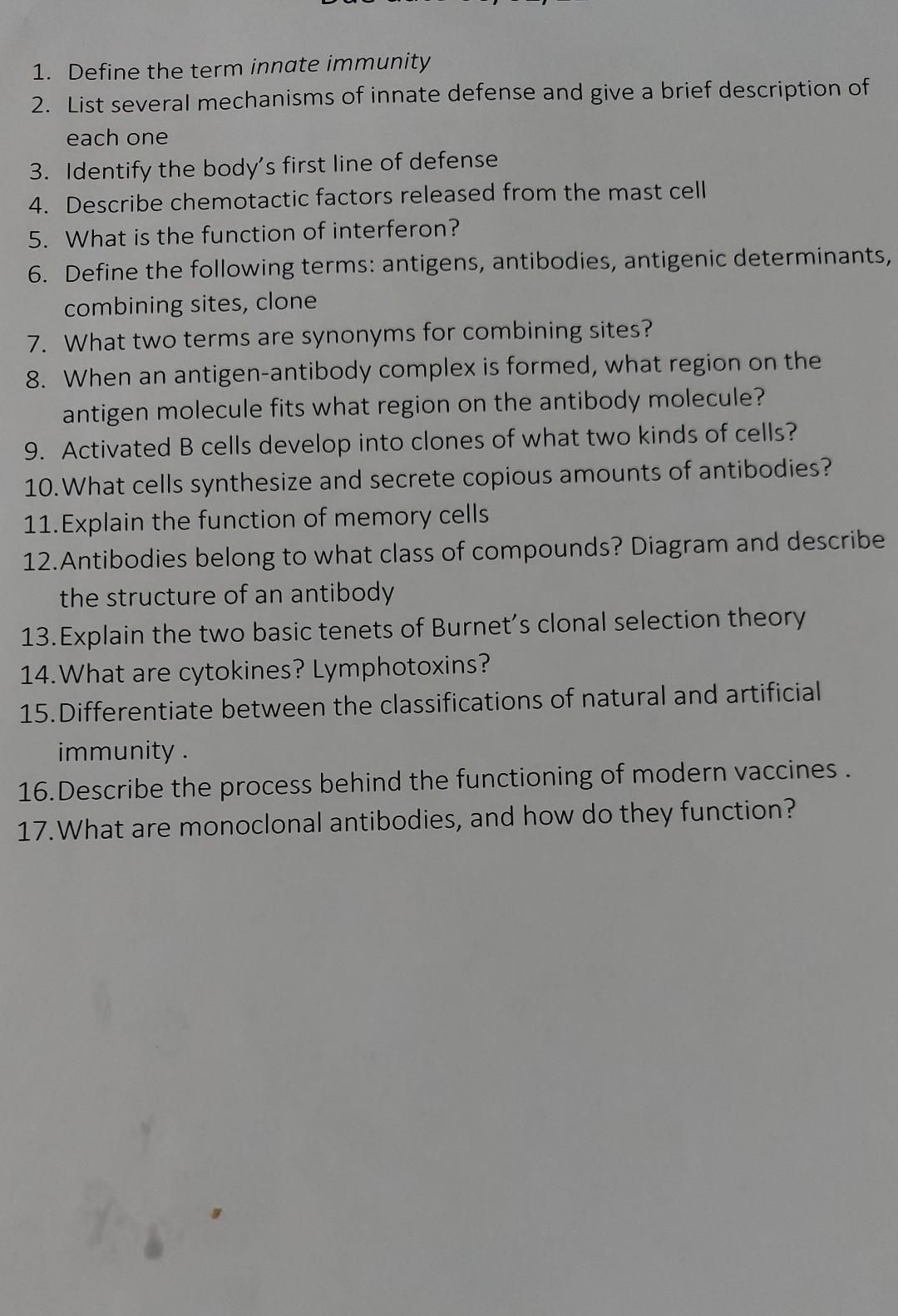 1 Define The Term Innate Immunity 2 List Several Mechanisms Of Innate Defense And Give A Brief Description Of Each One 1