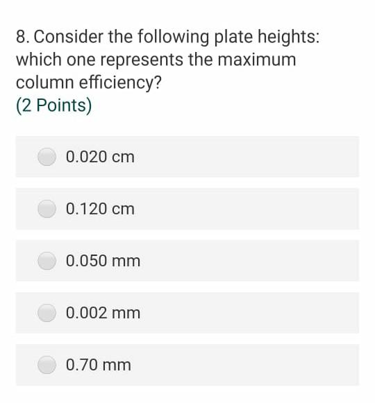 8 Consider The Following Plate Heights Which One Represents The Maximum Column Efficiency 2 Points 0 020 Cm 0 120 C 1