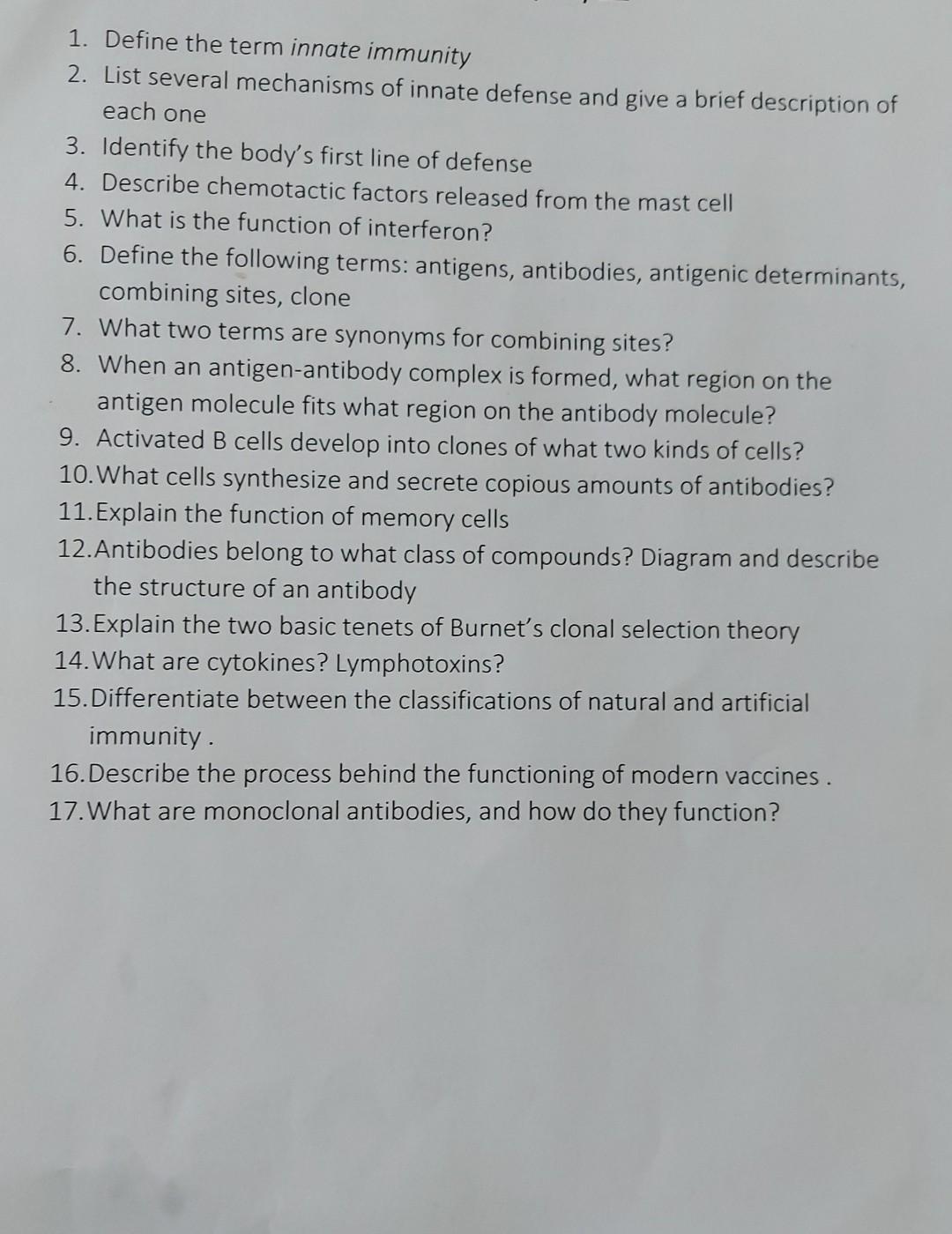 1 Define The Term Innate Immunity 2 List Several Mechanisms Of Innate Defense And Give A Brief Description Of Each One 1
