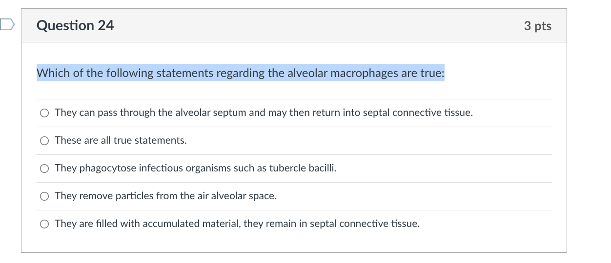 Question 24 Which Of The Following Statements Regarding The Alveolar Macrophages Are True O They Can Pass Through The A 1