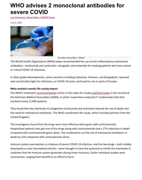 Who Advises 2 Monoclonal Antibodies For Severe Covid Lisa Schniming News Editor Cidrap News July 6 2021 Yaroslav Kr 1